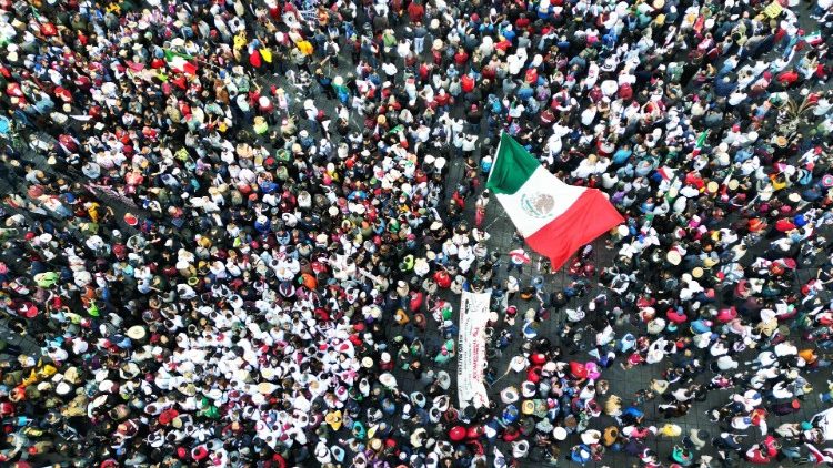 Aerial view of the march led by President Lopez Obrador to commemorate his fourth year in office