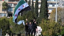 Syrian men wave the opposition flag in Umayyad Square