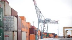 Shipping containers sit at the port of Montreal