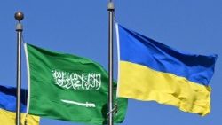 Flags of Saudi Arabia and Ukraine line King Abdulaziz Road in Jeddah