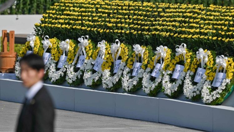 A line of floral wreaths is pictured after being placed there by officials during the Peace Memorial Ceremony to mark the 80th anniversary of the world's first atomic bomb attack