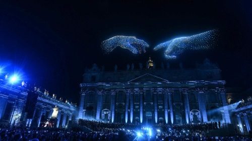 Illuminated drones create a figure depicting Michelangelo's hands in "The Creation of Adam" during the "Grace for the World" concert in September, marking the end of the third World Meeting on Human Fraternity