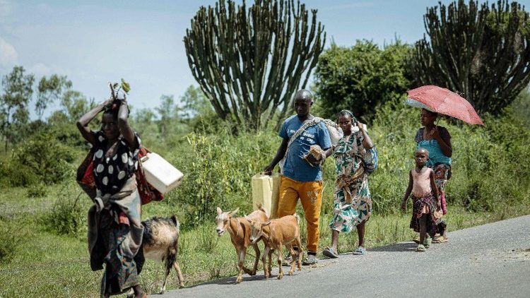 A displaced family walks toward the village of Togota