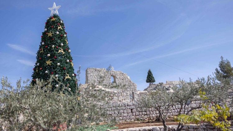 वेस्ट बैंक का इकलौता पूरी तरह से ख्रीस्तीय गांव तेबेह में ग्रीक मेलकाईट चर्च के खंडहर के पास क्रिसमस ट्री