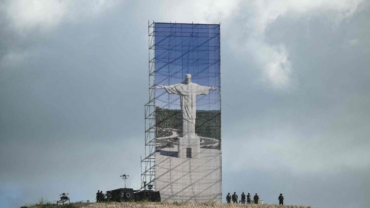 A general view of a banner on a hill ahead of the arrival of Pope Leo XIV to lead a Holy Rosary Prayer on the esplanade in front of the "Mama Muxima" Shrine in Muxima