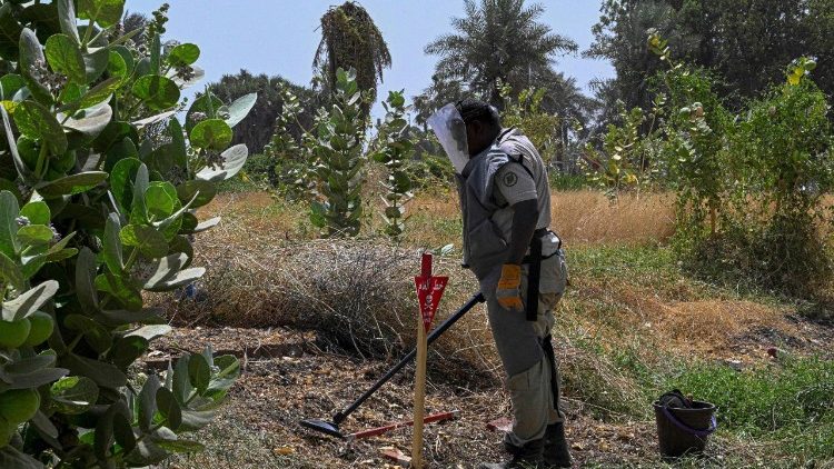 A member of the Danish Refugee Council and Jasmar Human Security Organization sweeps a metal detector as he searches for land mines in Al-Mugran Park in Khartoum