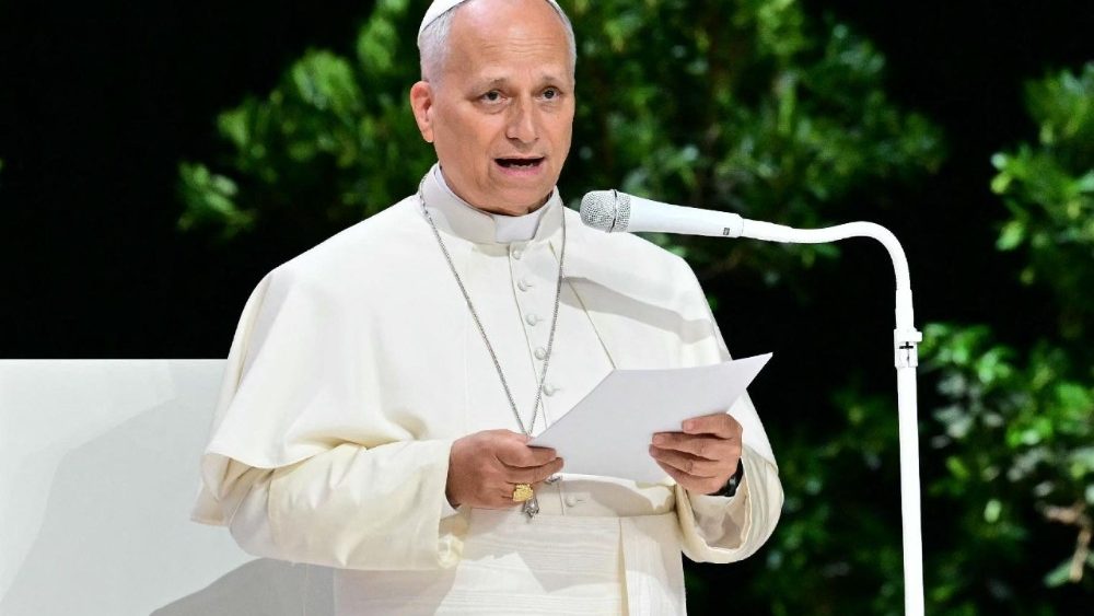 Papa Leon al XIV-lea la întâlnirea cu tema  "Crearea de rețele cu lumea culturii, artei, economiei și sportului", desfășurată la "Movistar Arena" din Madrid, duminică, 7 iunie 2026