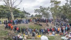 Migranten im Park von Durban bei der Essensausgabe