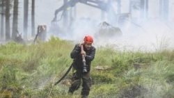A firefighter carries a water hose as smoke emanates from burnt vegetation during operations against a wildfire at the Hautes Fagnes (High Fens) nature reserve near Baelen