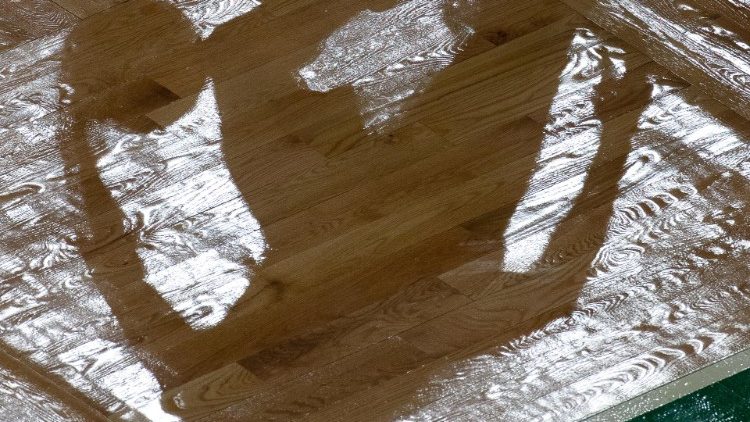 FILE PHOTO: The shadow of Boston Celtics guard Marcus Smart is seen on the parquet floor of the TD Garden