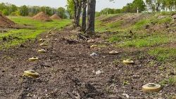 Minas colocadas por las fuerzas rusas en las afueras de Kharkiv, en Ucrania