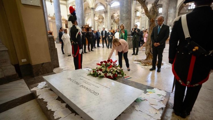 Italian PM Giorgia Meloni lays a wreath at the tomb of Giovanni Falcone, an Italian judge murdered by the mafia in 1992