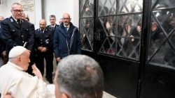 Pope Francis bids farewell to prisoners at the Regina Coeli prison in Rome on April 17, 2025, just a few days before his death  (Vatican Media)