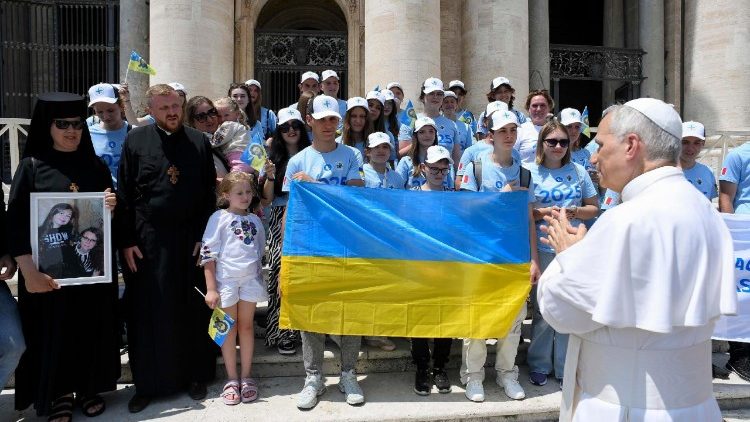 Pope Leo greets young people from Kharkiv, Ukraine, at the General Audience on June 11, 2025