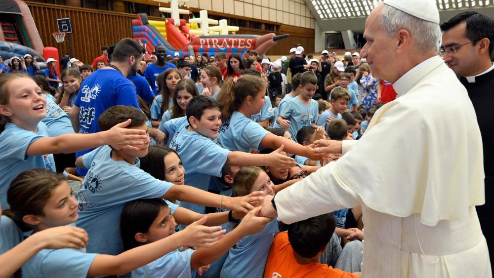 Pope Leo XIV meets children and young people from Vatican summer camp