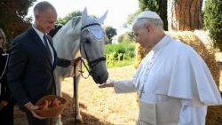 Papa Leon al XIV-lea, la Castel Gandolfo, pe terenurile pontificale, cu ocazia inaugurării proiectului "Borgo Laudato si'", inaugurat în data de 5 septembrie a.c. (fotografie din arhivă)