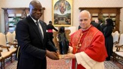 गैबॉन के राष्ट्रपति ब्राइस क्लॉटेयर ओलिगुई न्गुएमा से मुलाकात करते हुए पोप लियो 14वें