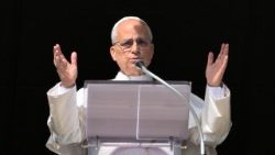 El Papa León XIV asomado desde el balcón pontificio para presidir la oración mariana del Ángelus.