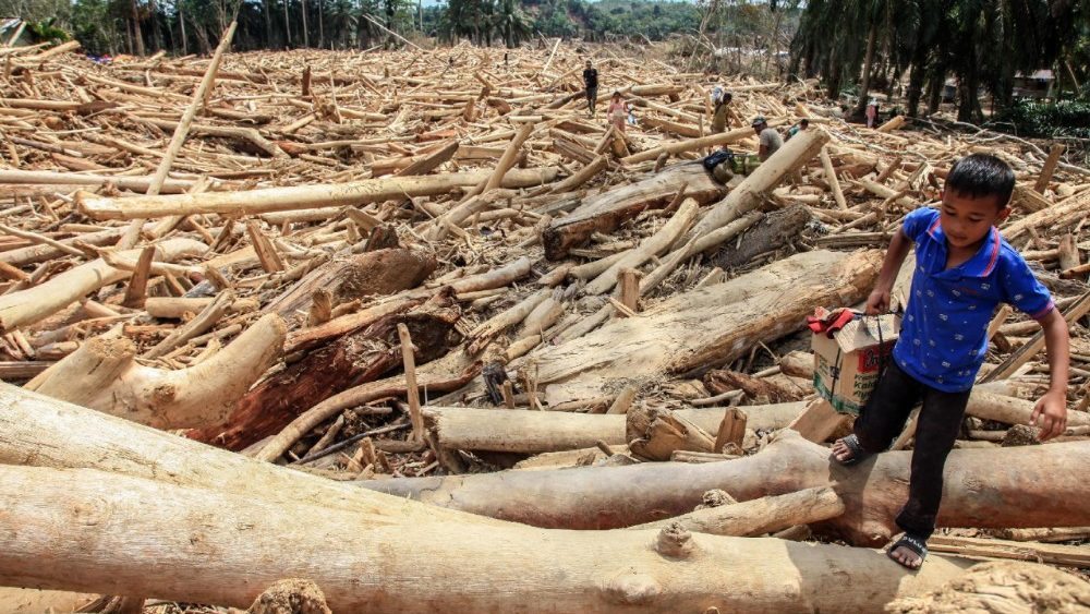 Pessoas carregando seus pertences caminham entre troncos arrastados por uma enchente repentina em uma área afetada por inundações em Aceh Tamiang, província de Aceh, Indonésia, em 8 de dezembro de 2025. EPA/ALBERT IVAN DAMANIK