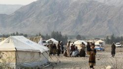People displaced from the border region after conflicts with Pakistan live in temporary shelters near the Torkham border in Nangarhar province, Afghanistan