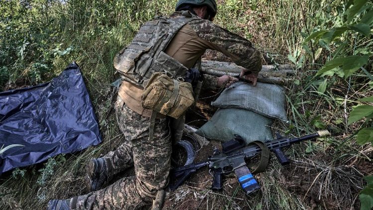 Ukrainian servicemen training before the next rotation on the frontline in the Kharkiv region