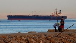 A container ship crosses the Gulf of Suez towards the Red Sea before entering the Suez Canal