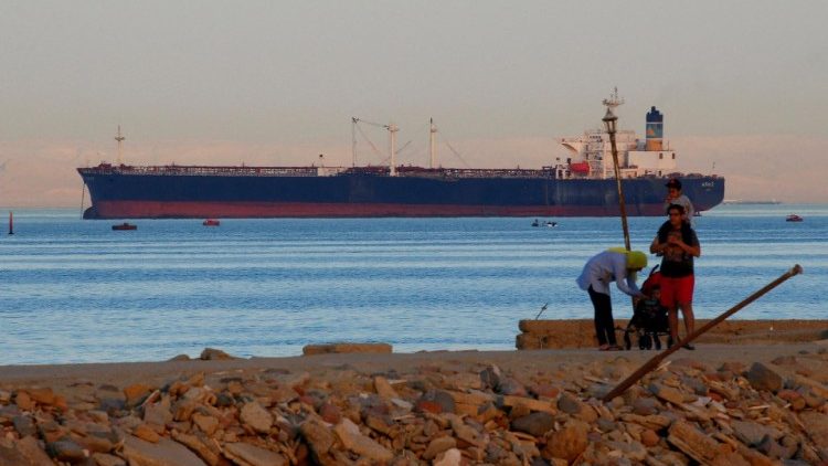 A container ship crosses the Gulf of Suez towards the Red Sea before entering the Suez Canal