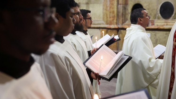 Catholic Washing of the Feet ceremony on Easter Holy Week in the Church of the Holy Sepulchre in Jerusalem's Old City