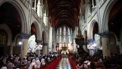 Pope Francis meets with bishops, priests, deacons, consecrated persons, seminarians and catechists at the Cathedral of Our Lady of the Assumption in Jakarta
