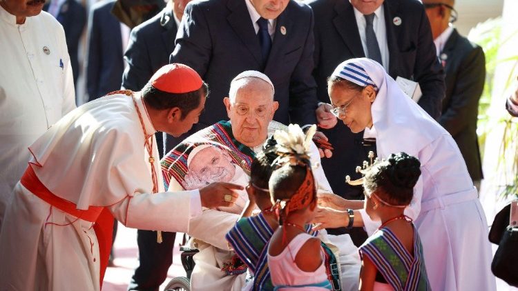 File photo of when Pope Francis arrived for a visit to children with disabilities at the Irmas Alma School for Children, in Dili during his September 2024 Apostolic Journey to Asia.