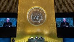 Le cardinal Parolin s'exprimant à la tribune de l'ONU, le 28 septembre 2024.