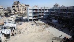 Displaced Palestinians including those who fled areas in northern Gaza due to an Israeli military operation, shelter in a school in Gaza City