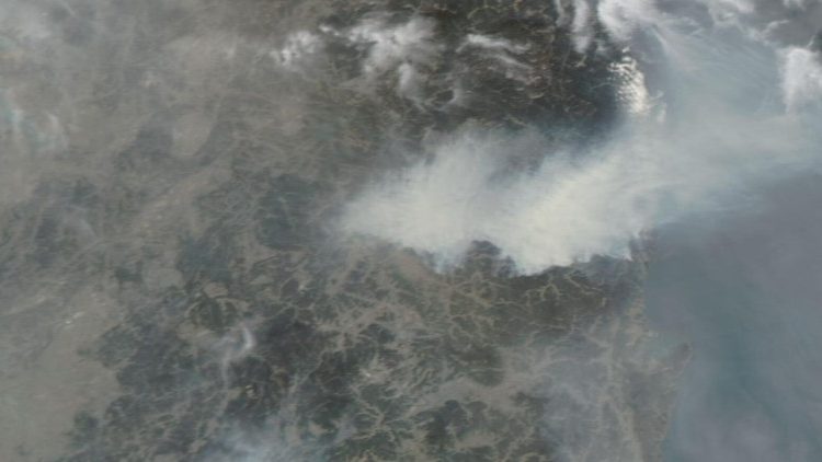 Satelitski posnetek dima, ki se dviga nad požarnimi žarišči v Južni Koreji. 