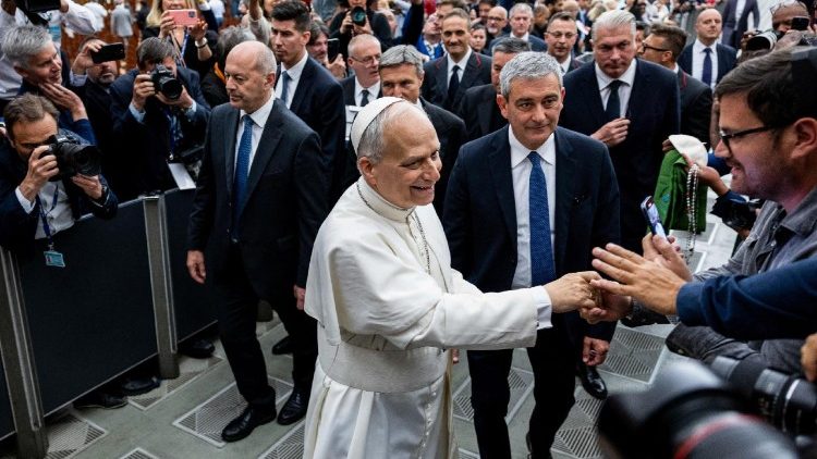 कुछ मीडियो कर्मियों से हाथ मिलाते हुए संत पापा लियो 14वें