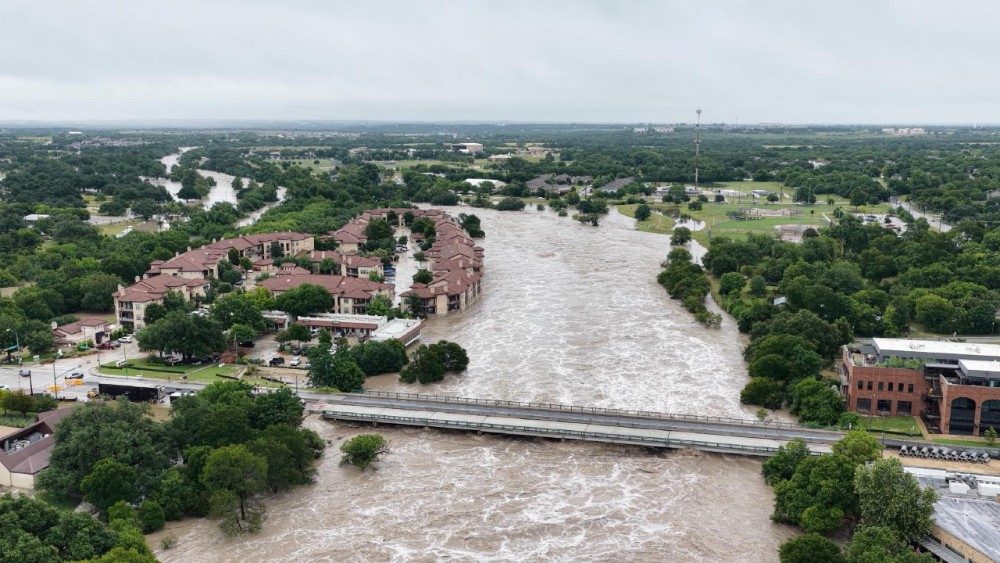 A drone view shows the swollen San Gabriel river, in Georgetown