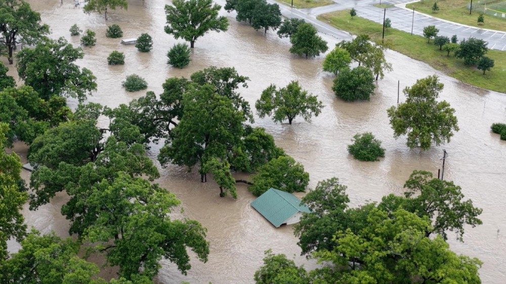 A drone view shows an area flooded by the swollen San Gabriel river, in Georgetown