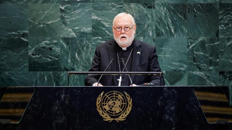 Archbishop Paul Richard Gallagher speaks at the UN headquarters in New York.