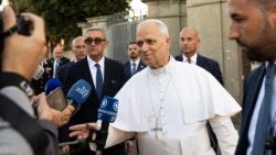 Pope Leo XIV speaks to members of media in Castel Gandolfo
