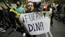 Una donna tiene un cartello con la scritta "Dina fuori"