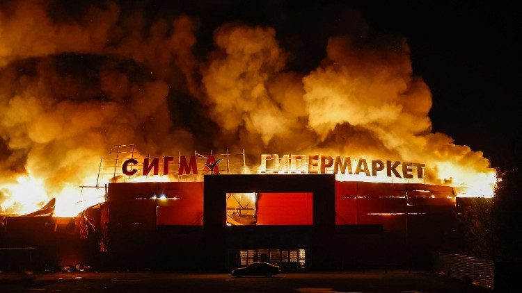 he Sigma shopping mall is on fire after it was hit by a Ukrainian military strike, 11 October