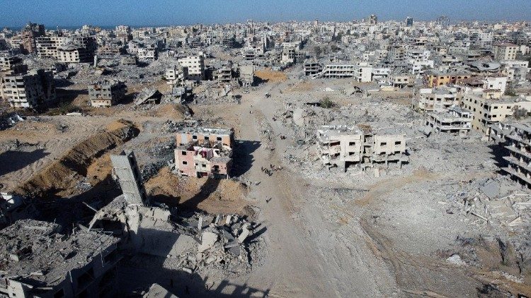 A drone view shows the destruction in a residential neighborhood, in Gaza City