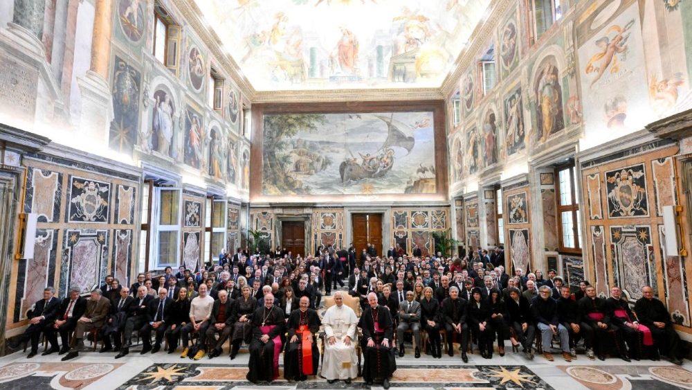 Pope Leo XIV meets international filmmakers and actors during an audience with artists from the world of cinema in the Sala Clementina at the Vatican