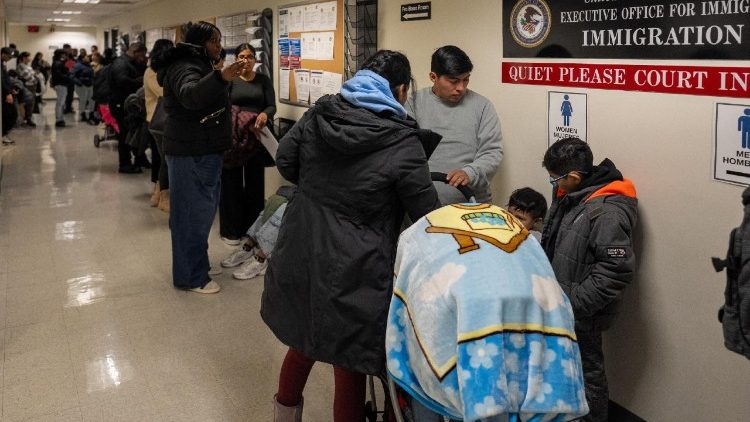 Respondents wait to enter their hearings at the U.S. Immigration Court in Manhattan