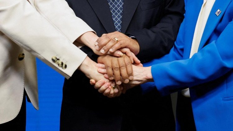 Denmark's Prime Minister Mette Frederiksen, European Council President Antonio Costa and European Commission President Ursula von der Leyen hold a press conference during a European Union leaders' summit, in Brussels