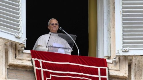Pope Leo leads the Angelus prayer from the window of the Apostolic Palace at the Vatican