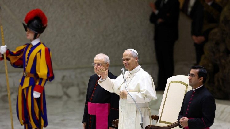 Pope Leo XIV meets Jubilee collaborators and volunteers in the Paul VI Hall at the Vatican