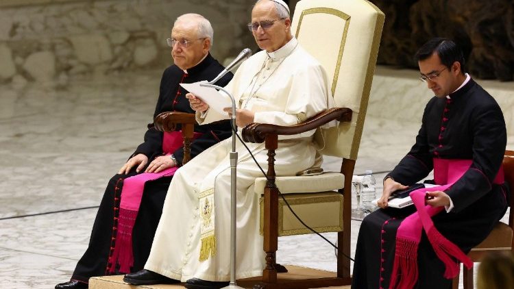 Pope Leo XIV meets Jubilee collaborators and volunteers in the Paul VI Hall at the Vatican