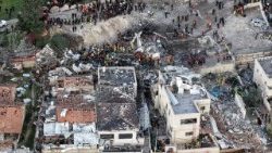 A drone view of the scene of a fatal Iranian strike, after Iran launched missile barrages following attacks by the U.S. and Israel on Saturday, in Beit Shemesh