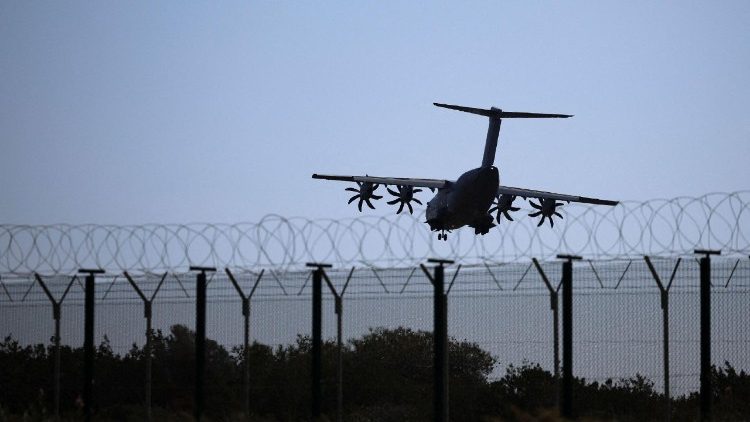 An aircraft prepares to land in RAF Akrotiri, a British sovereign base in Cyprus that was hit by a drone, in Cyprus