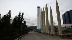 Iranian missiles are displayed in a park in Tehran